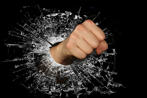 hand, punching, glass, fist, strength, anger, tear, breeze, broken, destroyed, broke, force, broken glass, shattered, shattered glass, human Hand, one person, human body part, indoors, black background, motion, unrecognizable person, studio shot, close-up, body part, real people, blurred motion, destruction, finger, arts culture and entertainment, communication, technology, breaking, digital composite, aggression, 5K, CC0, public domain, royalty free