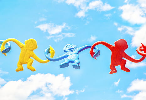 sky, clouds, art, puppet, monkey, colorful, cloud - sky, representation, animal representation, nature, toy, day, low angle view, no people, animal, holiday, blue, yellow, outdoors, flying, inflatable, mammal, mid-air, animal themes, 4K, CC0, public domain, royalty free