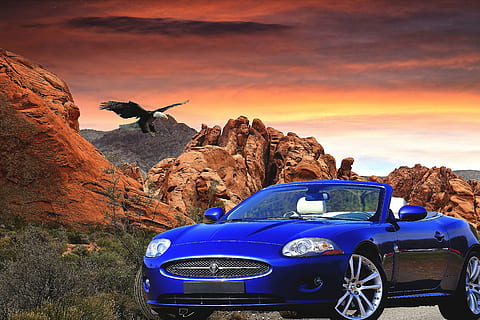 blue, convertible, coupe, road, golden, hour, assembly, graphics, decoration, desktop, the background, space, composition, wallpaper, nature, hint, advertising, car, bird, rocks, travel, holidays, exploring, life, mood, rest, reverie, the illusion, meeting by, mode of transportation, transportation, rock, motor vehicle, land, rock - object, sky, solid, rock formation, sunset, scenics - nature, beauty in nature, land vehicle, animal, mountain, no people, outdoors, cloud - sky, 5K, CC0, public domain, royalty free