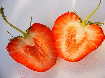 Erdbeere, geschnitten, scheiben, Hälfte, zwei, Früchte, Schnitt, Stücke, rot, Rosa, bunt, Grün, stammt, Erdbeeren, heller Hintergrund, gesund, roh, Snacks, nahrhaft, lecker, köstlich, Süss, sauer, frisch, Beere, saftig, Obst, gesundes Essen, Frische, Essen und Trinken, Nahansicht, Wohlbefinden, Lebensmittel, drinnen, Stillleben, keine Leute, Pflanzenstamm, Gemüse, Pflanze, Natur, Tabelle, reif, Tomate, Studioaufnahme, Gruppe von Objekten, 2K, CC0, gemeinfrei, lizenzfrei