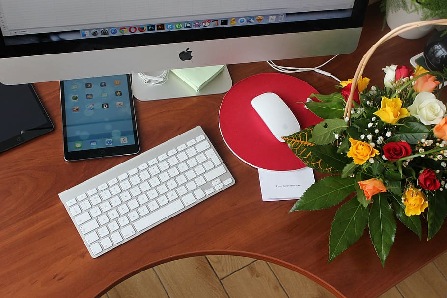 imac alumini, teclat màgic, flors, escriptori, ipad, ordinador, ratolí, tecnologia, teclat d’ordinador, flor, tecnologia sense fils, portàtil, a l'interior, Internet, cap gent, teclat, taula, equips informàtics, comunicació, planta amb flors, planta, connexió, negocis, mobles, vista d’angle alt, naturalesa, material de fusta, monitor d’ordinador, Ram de flors, 4K