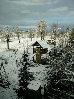 wintry, snow, slide, winter, snowy, winter magic, trees, landscape, architecture, cold temperature, built structure, building exterior, tree, building, plant, house, sky, nature, cloud - sky, no people, day, covering, beauty in nature, residential district, outdoors, snowcapped mountain, 4K, CC0, public domain, royalty free