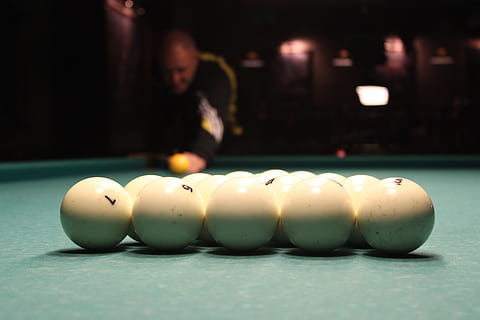 pool table, balls, cue, pool ball, pool - cue sport, sport, table, ball, pool cue, people, adult, leisure activity, night, sphere, close-up, indoors, illuminated, playing, aiming, mid adult, incidental people, 5K, CC0, public domain, royalty free