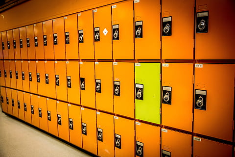 orange steel lockers, gray, metal, lockers, odd, different, row, difference, individual, notable, distinguished, distinctive, alone, brave, unusual, unique, locker, archives, storage Room, in A Row, security, number, safety, locker room, indoors, dressing room, no people, protection, repetition, side by side, order, large group of objects, lock, orange color, education, business, variation, 5K, CC0, public domain, royalty free