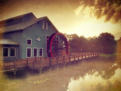 mulino a vento a casa, mulino, mulino a vento, paesaggio, architettura, storia, eredità, legno - materiale, vecchio stile, natura, fiume, vecchio, scena rurale, acqua, all'aperto, struttura costruita, esterno dell'edificio, cielo, Casa, costruzione, riflessione, nessuno, albero, pianta, nuvola - cielo, lago, quartiere residenziale, colore arancione, tramonto, luce del sole, 1080P, CC0, dominio pubblico, privo di copyright