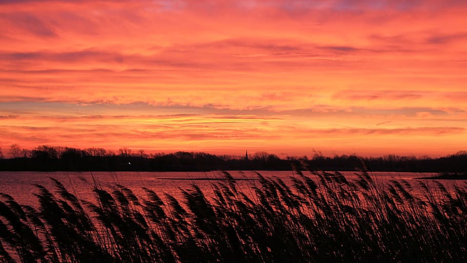 posta de sol, arbres, llac, aigües, silueta, cel de la nit, crepuscle, elbaue, prettin, agricultura, naturalesa, camp, paisatge, escenics, cel, escenics - natura, escena tranquil·la, bellesa a la natura, núvol - cel, tranquil·litat, color taronja, terra, medi ambient, escena rural, cap gent, planta, creixement, granja, idíl·lic, a l'aire lliure, cel romàntic, 4K