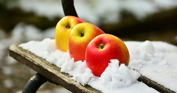 selectief, focus fotografie, drie, rood, appels, tafel, bedekt, sneeuw, appel, winter, fruit, gezond, Ingesneeuwd, tuin-, frisch, bank, winterstemming, koude temperatuur, gezond eten, focus op de voorgrond, eten en drinken, natuur, detailopname, geen mensen, voedsel, appel - fruit, dag, welzijn, bevroren, versheid, hout - materiaal, buitenshuis, 5K, CC0, publiek domein, royaltyvrij