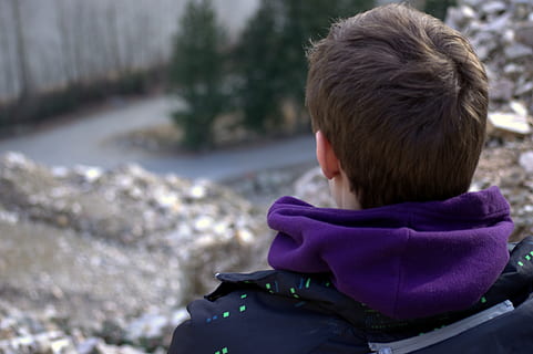 man, purple, black, hooded jacket, boy, winter, fall, coat, male, person, son, outdoors, looking, mountain, trees, landscape, sitting, head, hair, from behind, watching, guy, rear view, one person, child, focus on foreground, day, headshot, men, childhood, leisure activity, nature, portrait, real people, lifestyles, males, boys, close-up, hood, hood - clothing, warm clothing, teenager, 5K, CC0, public domain, royalty free