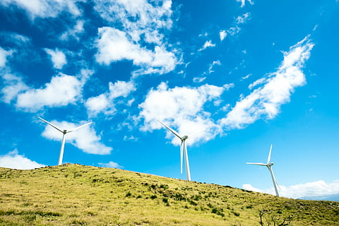 white wind turbine, green, grass, grassland, mountain, landscape, nature, field, farm, blue, sky, clouds, windmill, turbine, environment, electricity, fuel and Power Generation, energy, wind, generator, wind Turbine, technology, power, environmental Conservation, recycling, alternative Energy, turning, industry, power Supply, innovation, wind Power, propeller, development, renewable energy, cloud - sky, beauty in nature, scenics - nature, day, land, sunlight, no people, sustainable resources, power in nature, outdoors, 4K