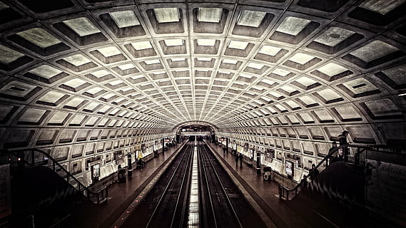 train rail subway, train, subway, station, metro, washington dc, travel, rails, stairs, transit, transportation, subway train, tunnel, railroad track, architecture, public transportation, built structure, subway station, travel destinations, indoors, rail transportation, ceiling, track, group of people, diminishing perspective, mode of transportation, the way forward, direction, incidental people, pattern, arch, 1080P