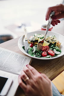 eating, breakfast, reading, book, Woman, female, healthy, meal, salad, food, people, one Person, healthy Eating, human Hand, adult, plate, food And Drink, close-up, restaurant, unrecognizable Person, gourmet, women, table, selective Focus, lunch, caucasian Ethnicity, dinner, holding, indoors, human body part, adults only, one woman only, hand, real people, eating utensil, freshness, lifestyles, kitchen utensil, leisure activity, body part, bowl, finger, 4K