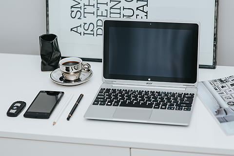 white, desk, Laptop computer, interior, minimal, workspace, workplace, tech, computer, technology, work, notebook, laptop, working, scandi, scandinavian, computer Keyboard, business, office, computer Monitor, table, pC, no People, equipment, wireless technology, communication, connection, furniture, indoors, portable information device, computer equipment, keyboard, still life, high angle view, screen, pen, 5K