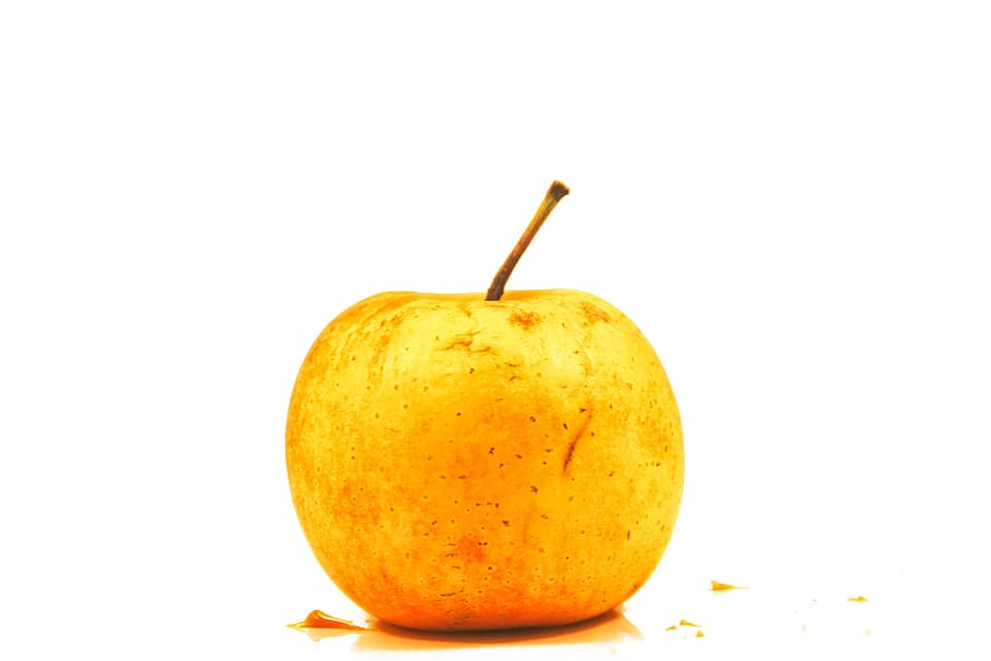 æble, frugt, gul, strøm, smag, mad, spise, dessert, natur, fødevareprodukt, hvid, billede, moden, friskhed, æble - frugt, mad og drikke, isolerede, sund kost, enkelt objekt, orange farve, tæt på, ingen mennesker, organisk, hvid baggrund, frugt og grønt, studio skud, velvære, indendørs, skåret ud, stilleben, kopiere plads, plantestamme, citrus frugt, orange, 5K