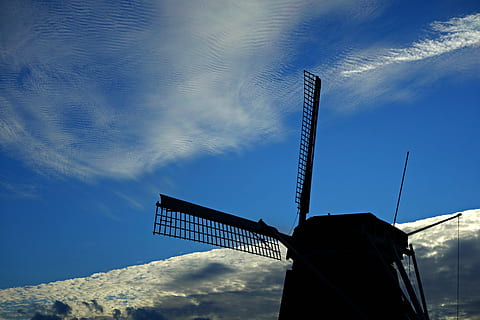 windmill, mill, sail, dutch windmill, holland, silhouette, sky, cloud - sky, wind power, alternative energy, wind turbine, turbine, environment, renewable energy, low angle view, environmental conservation, nature, fuel and power generation, no people, architecture, technology, outdoors, day, blue, traditional windmill, built structure, directly below, 4K, CC0, public domain, royalty free