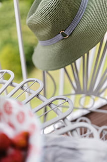 country-style balcony decorations, Country-style, Balcony, Decorations, summer, garden, resting, relax, outdoor, sunny, countryside, decor, summertime, rural, comfortable, cozy, cottage, hat, no People, selective focus, close-up, day, outdoors, clothing, still life, indoors, table, food and drink, freshness, metal, fruit, furniture, positive emotion, plant, red, seat, focus on foreground, 4K, CC0, public domain, royalty free