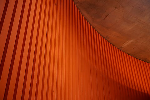 Concrete, Architecture, red, orange color, backgrounds, textured, no people, indoors, pattern, full frame, roof, textile, close-up, low angle view, industry, corrugated, in a row, ceiling, day, built structure, design, iron, 5K, CC0, public domain, royalty free