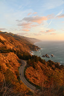 three, cars, concrete, pavement, beside, mountain, sea, nature, landscape, scenics, coastline, cliff, rock - Object, sky, no People, outdoors, beach, water, beauty in nature, cloud - sky, scenics - nature, tranquil scene, tranquility, road, sunset, transportation, land, non-urban scene, environment, idyllic, horizon, horizon over water, 5K, CC0, public domain, royalty free