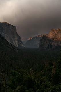pijnboom berg, Yosemite Nationaal Park, berg-, Bos, rots, boom, buitenshuis, geweldige openlucht, wild, natuur, uitzicht, Nationaal Park, el cap, halve koepel, brand, rook, hout, schoonheid in de natuur, scenics - natuur, rustige scène, niet-stedelijke scène, kalmte, milieu, hemel, landschap, geen mensen, idyllisch, land-, fabriek, wolk - lucht, afgelegen, bergketen, vorming, uitgehold, 8K, CC0, publiek domein, royaltyvrij