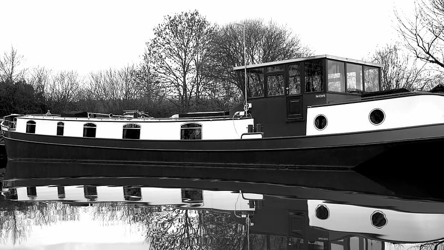 boat, water, vessel, reflection, black, white, transportation, railroad track, tree, bridge - man made structure, no people, outdoors, day, sky, city, built structure, architecture, nature, building exterior, bare tree, mode of transportation, bridge, plant, public transportation, train, winter, rail transportation, 5K