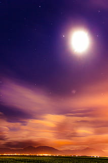 panoramique, photo, les montagnes, d'or, heure, paysage, la photographie, violet, Orange, des nuages, Montagne, intervalle, ciel, nuit, lumières, ferme, champ, la nature, nuage - ciel, lune, le coucher du soleil, brillant, paysages, illuminé, arrière-plans, paysages - nature, beauté dans la nature, scène tranquille, étoile - espace, tranquillité, astronomie, eau, personne, espace, horizon, en plein air, environnement, couleur orange, idyllique, clair de lune, 4K, CC0, domaine public, libre de droits