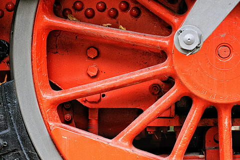 train, texture, red, color, iron, rust, no people, transportation, close-up, outdoors, day, metal, machinery, wheel, connection, mode of transportation, full frame, land vehicle, backgrounds, high angle view, machine part, pattern, orange color, rail transportation, shape, 4K, CC0, public domain, royalty free