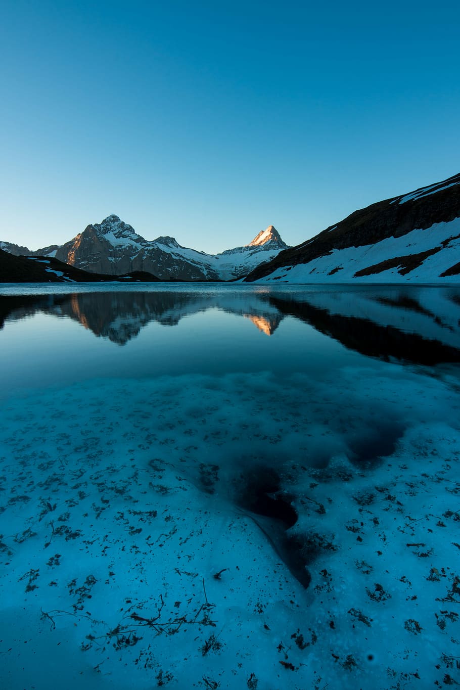 body, water, mountain, blue, sky, daytime, snow-covered, snow, lake, reflection, snowy, peaks, switzerland, summer, sun, photo, reflect, cold, river, frozen, winter, cold temperature, beauty in nature, scenics - nature, tranquil scene, tranquility, nature, clear sky, no people, non-urban scene, day, snowcapped mountain, 4K