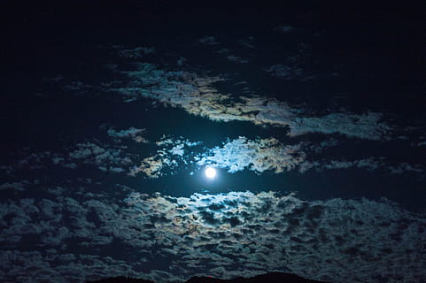 nature, sky, night, clouds, dark, moon, moonlight, illuminated, full moon, no people, cloud - sky, sea, astronomy, space, outdoors, science, blue, light - natural phenomenon, low angle view, glowing, beauty in nature, digital composite, 5K, CC0, public domain, royalty free