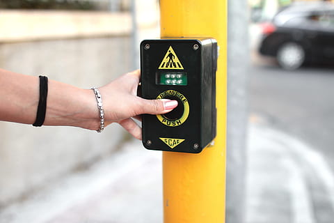 crosswalk, intersection, street, road, city, urban, hand, human hand, human body part, communication, transportation, technology, people, close-up, car, outdoors, day, adult, sign, focus on foreground, women, architecture, push button, finger, 4K, CC0, public domain, royalty free