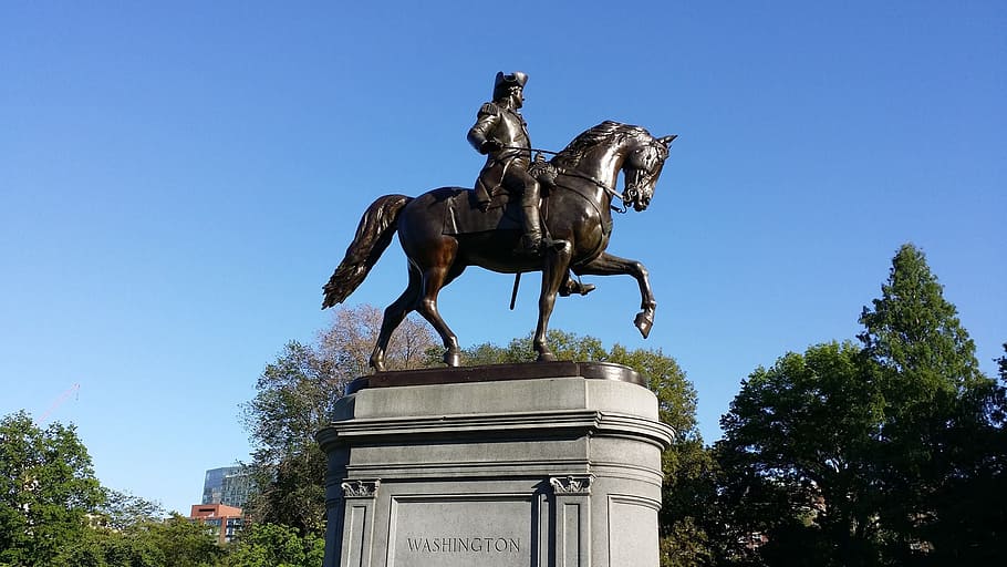 boston, Washington, estàtua, comú, cavall, referència, parc, massachusetts, boston comú, públic, històric, monument, centre de la ciutat, art i artesania, escultura, representació, nacional, bestiar, animals domèstics, representació humana, arquitectura, mamífer, cel, semblança masculina, memorial, fauna animal, creativitat, cel clar, artesania, cap gent, a l'aire lliure, govern, 1080P
