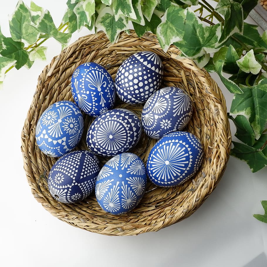 blue-and-white washi egg ornaments, placed, oval, wicker basket, sorbian easter eggs, easter eggs, easter egg, easter decoration, wax technique, happy easter, spring, painted eggs, customs, colorful, sorbian easter egg, easter decorations, easter decor, chicken eggs, blue eggs, basket, container, still life, food and drink, high angle view, blue, pattern, food, no people, art and craft, leaf, indoors, easter, close-up, celebration, egg, plant part, freshness, floral pattern, 2K