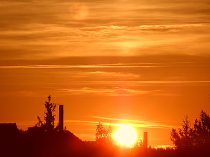 Sunset, Sun, Twilight, Nature, sky, reddish, red, burning, evening, afterglow, clouds, spotlight, fiery, silhouette, orange color, tree, sunlight, cloud - sky, beauty in nature, no people, industry, plant, architecture, scenics - nature, outdoors, building exterior, built structure, electricity, electricity pylon, power supply, bright, 4K, CC0, public domain, royalty free