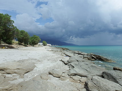 kos, rain, beach, sky, water, beauty in nature, sea, cloud - sky, scenics - nature, tranquil scene, land, tranquility, non-urban scene, rock, nature, rock - object, day, solid, idyllic, horizon, horizon over water, no people, outdoors, turquoise colored, 4K, CC0, public domain, royalty free