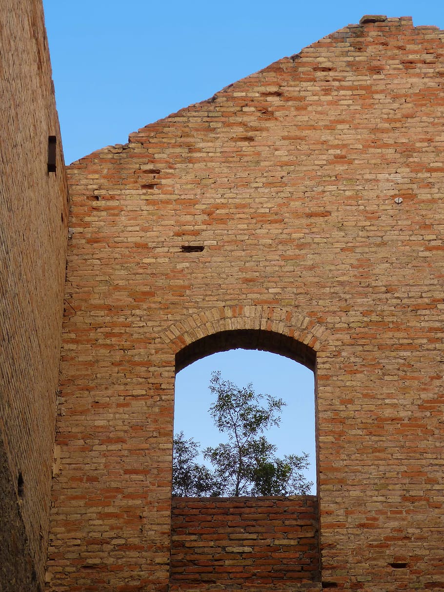 væg, vindue, fabrik, ruin, industriel arkitektur, forladt, arkitektur, bygget struktur, skyfri himmel, himmel, fortiden, historie, bue, ingen mennesker, gammel, dag, træ, natur, bygning udvendig, lav vinkel visning, murstens væg, mursten, bygning, rejsemål, udendørs, Stenmur, gamle civilisation, oldtidshistorie, 4K