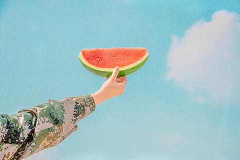 summer melon, Summer, melon, blue, fresh, fruit, green, red, water melon, watermelon, holding, food, human Hand, women, nature, one Person, outdoors, green Color, people, caucasian Ethnicity, slice, human body part, healthy eating, food and drink, wellbeing, hand, freshness, healthy lifestyle, adult, sky, day, human limb, ripe, 5K