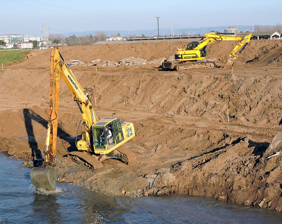 dic, excavadora, treballar, riu, san bonifacio, Itàlia, terra, torrent, excavació, motor de terra, transport, maquinària de construcció, manera de transport, industria de la construcció, maquinària, naturalesa, dia, lloc de construcció, desenvolupament, indústria, brutícia, llum solar, vehicle de construcció, aigua, vehicle terrestre, a l'aire lliure, fang, pedrera, equips de construcció, equipament industrial, 4K