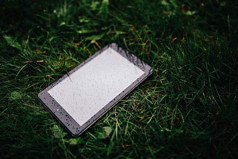 wet black tablet, Wet, black, tablet, rain, raindrop, dew, grass, outdoors, no people, day, close-up, nature, plant, field, high angle view, green color, land, focus on foreground, communication, selective focus, white color, connection, still life, growth, paper, text, 5K, CC0, public domain, royalty free