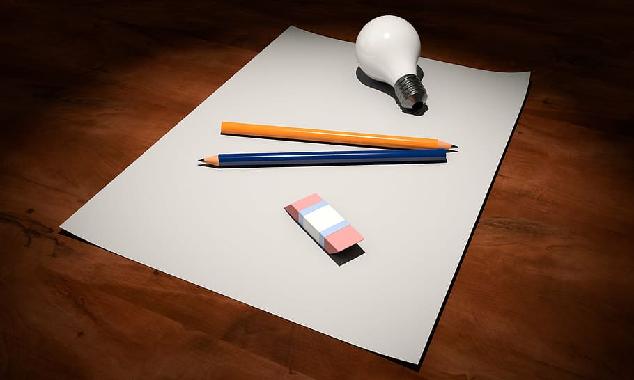 klar, lys pære, to, blå, gul, blyanter, ide, tom, papir, pen, ingen, kreativitet, fantasi, inspiration, blank, plads, hvid, design, kreativ, bord, skabelon, skrivebord, tænker, begynde, skab, tegne, uinspirerede, tør, dårlig, ikon, slukket, af, analog, skabelse, Start, projekt, starten, ny, viskelæder, lyserød, udvikling, forretning, innovation, fremskridt, start op, lancering, strategi, flad, opløsning, opfindelse, ny begyndelse, behandle, plan, udfordring, træ - materiale, blyant, ingen mennesker, uddannelse, indendørs, tæt på, dag, gummi, høj vinkel visning, Kunst og håndværk, møbel, træ, direkte over, studio skud, skriveinstrument, trækorn, 4K
