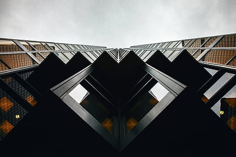 worm, eye-view photography, building, architecture, infrastructure, structure, establishment, hotel, condominium, clouds, sky, classy, building exterior, outdoors, photography themes, no people, day, built structure, low angle view, cloud - sky, pattern, shape, triangle shape, city, design, abstract, modern, window, nature, roof, geometric shape, directly below, 4K, CC0, public domain, royalty free