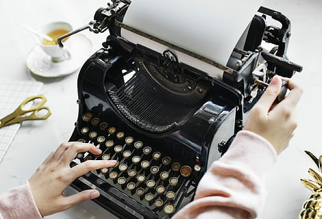 woman, holding, black, typewriter, technology, machine, equipment, business, aerial, analog, analogue, author, background, caffeine, career, classic, copy space, creative, cup, design space, document, drink, editorial, feminine, lancer, girly, hand, hot drink, journalist, keyboard, marble, mug, name, old fashion, paper, person, publish, refreshing, retro, story, table, tags, tea, tool, typescript, typing, vintage, work from home, working, workspace, write, writer, human hand, human body part, indoors, one person, adult, retro styled, communication, high angle view, photography themes, occupation, camera - photographic equipment, body part, close-up, human finger, finger, antique, 1080P, CC0, public domain, royalty free