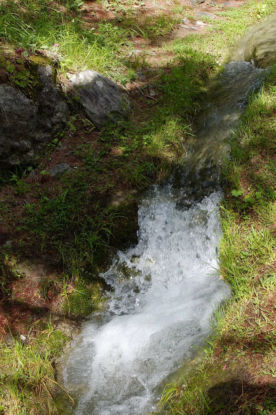 vandkilde, bjerg, vand, natur, strøm, vandfald, udendørs, flod, mos, klippe, plante, solid, rock-objekt, bevægelse, skønhed i naturen, jord, vækst, scenics - natur, ingen mennesker, flydende vand, høj vinkel visning, græs, dag, ro, lang eksponering, Skov, flyder, strøm - rindende vand, magt i naturen, 4K