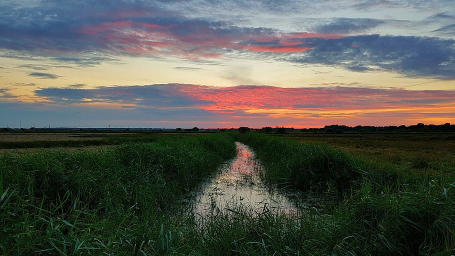 Landschaft, Strom, Mündung, Sonnenuntergang, Natur, Feld, Landwirtschaft, szenen, wolke - himmel, Himmel, Pflanze, Land, Umgebung, Szenen - Natur, Schönheit in der Natur, Ruhe, Gras, ländliche Szene, ruhige Szene, Wachstum, keine Leute, grüne Farbe, Ernte, draußen, 4K