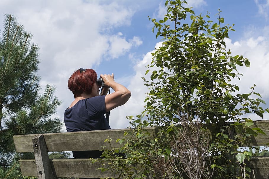 veure, estudiar, naturalesa, binoculars, taques, vogelaar, recreació, relaxa't, senderisme, traça, cerca, vista, relaxació, una persona, vista del darrere, planta, arbre, persones reals, roba casual, creixement, activitat d'oci, adult, estils de vida, cel, assegut, color verd, dia, núvol - cel, dones, de peu, tres quarts de longitud, a l'aire lliure, pentinat, 5K