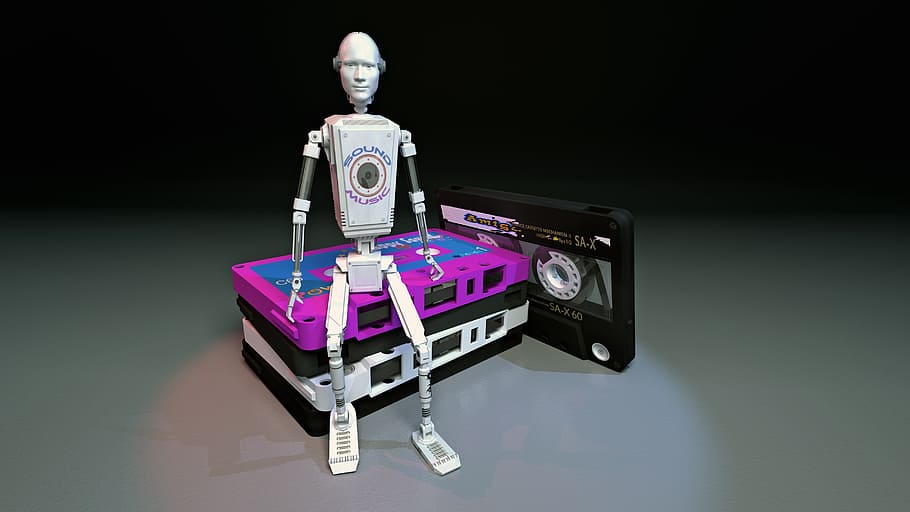 droide, robot, k7, fons de pantalla, 3d, fons, escriptori, teló de fons, assegut, música, so, tecnologia, a l'interior, tir de l'estudi, representació humana, representació, connexió, comunicació, cultura i entreteniment artístic, joguina, tecnologia sense fils, cap gent, diversió, fons negre, humor, vista frontal, control, semblança masculina, ordinador, ciència, 4K