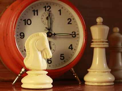 white, knight chess chip, chess, clock, game, time, competition, figure, sport, symbol, play, watch, minute, old, plastic, hour, instrument, retro, second, circle, king, business, strategy, board game, close-up, no people, success, chess piece, indoors, leisure games, decisions, planning, wood - material, clock face, deadline, 2K, CC0, public domain, royalty free