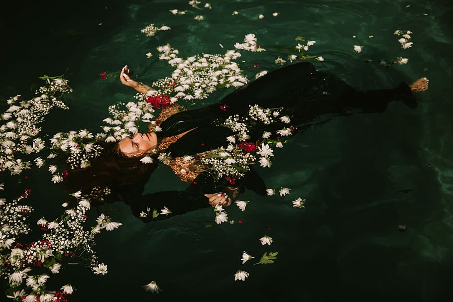 donna, indossare, nero, completo da uomo, galleggianti, acqua, senza maniche, superiore, galleggiante, bianca, fiori, fiore, lago, preraffaellita, signora del lago, Ophelia, petalo, signora, femmina, vestito, narrazione, letterario, pianta fiorita, pianta, freschezza, bellezza nella natura, fragilità, vulnerabilità, crescita, natura, parte vegetale, foglia, giorno, nessuno, avvicinamento, all'aperto, vista dall'alto, colore verde, Colore bianco, botanica, testa di fiore, ciliegio, 2K