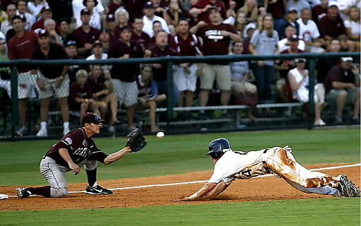 white, wearing, blue, helmet, diving, front, man, catching, baseball ball, baseball, third base, play at third, diving into third, third baseman, runner, play, athlete, game, infield, sport, dirt, horizontal, action, athletics, baseball player, college baseball, spectators, baseball - sport, group of people, stadium, sportsman, crowd, young adult, men, incidental people, real people, sports uniform, people, baseball uniform, competition, playing, motion, young men, baseball team, spectator, match - sport, effort, 1080P, CC0, public domain, royalty free