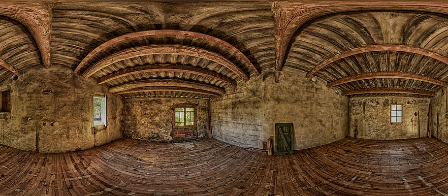 fotografia d'ulls de peixos, edifici, interior, àtic, loft, panorama, habitació buida, casa antiga, abandonat, arquitectura, vell, a l'interior, arc, el passat, història, estructura construïda, cap gent, dia, columna arquitectònica, sostre, patró, destinacions de viatge, antic, material de fusta, abadia, característica arquitectònica, material de pedra, ornamentat, 8K