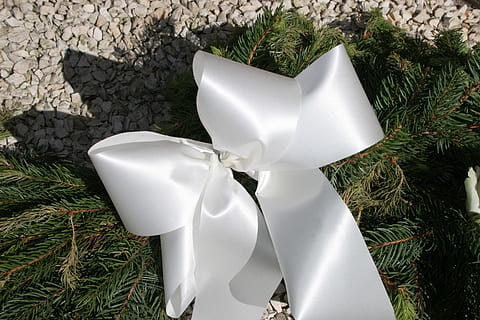 Schleife, Weiß, Stoff, Geschenk, Hochzeit, Kranz, Band, Feier, Pflanze, Dekoration, Band - Nähartikel, Natur, Bogen, Urlaub, weiße Farbe, Veranstaltung, Weihnachten, keine Leute, gebundener Bogen, High Angle View, Tag, Weihnachtsdekoration, Gras, grüne Farbe, draußen, 2K, CC0, gemeinfrei, lizenzfrei