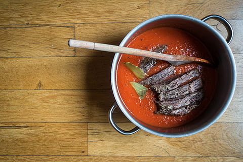 tender beef, tomato sauce, Tender, beef, czech, meat, food, meal, dinner, wood - Material, gourmet, cooking, freshness, heat - Temperature, red, close-up, food and drink, indoors, preparation, no people, table, directly above, kitchen utensil, bowl, healthy eating, spoon, household equipment, soup, eating utensil, high angle view, wellbeing, red meat, 5K