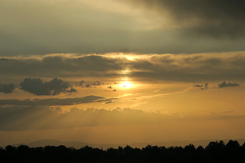 silhouette, trees, golden, hour, sunset, solar, cloud, sky, cloud - sky, scenics - nature, beauty in nature, tranquility, tranquil scene, tree, idyllic, orange color, plant, nature, no people, non-urban scene, environment, dramatic sky, landscape, sunlight, outdoors, 5K, CC0, public domain, royalty free